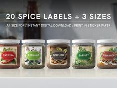 six spice labels and 3 sizes on a countertop with the text, 20 spice labels + 3 sizes