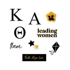 various stickers that say kao, leading women, flam, faith hope love