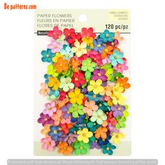 a package of colorful paper flowers on a white background with the tag below it that says,