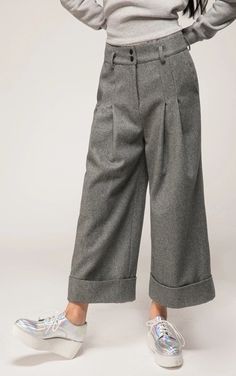 Women's Wide Leg Pants Wool Culottes Winter Warm Casual Trouser Low Crotch Relaxed Fit Bottoms With Button Cuffs For Loungewear, Relaxed Fit Trousers With Button Cuffs, Relaxed Fit Wide Leg Pants With Button Cuffs, Relaxed Fit Pants With Button Cuffs For Fall, Winter Wide Leg Bottoms With Welt Pockets, Wide Leg Bottoms With Welt Pockets For Winter, Cotton Culottes For Fall, Fall Cotton Culottes, Wide Leg Pants With Button Cuffs For Fall