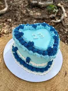 a blue and white heart shaped cake sitting on top of a tree stump in the woods