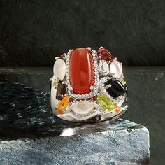 Ross-Simons - 5.41 ct. t. w. Multi-Gemstone Ring Marquise Cut in Sterling Silver. Size 6. An RS exclusive. An explosion of colors, shapes and textures, this ring will take your breath away! Nestled amongst beaded frames of sterling silver are a bright mix of multi-shaped orange agate, onyx, moonstone, rose and smoky quartz, garnet, peridot, citrine and white topaz gems, 5.41 ct. tot. gem wt. Bold and beautiful, our design is the perfect complement to your neutral-colored outfits. 3/4" wide. Multi-gemstone ring. Garnet birthstones are the perfect gift for January birthdays. Garnet Birthstone, January Birthday, Multi Gemstone Ring, Orange Agate, Ring Marquise, Bold And Beautiful, Marquise Cut, White Topaz, Smoky Quartz