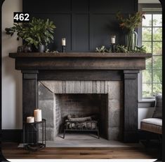 a fireplace with candles and plants on top