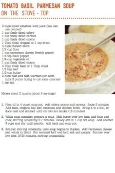 the recipe for tomato basil parmesan soup is shown in this brochure