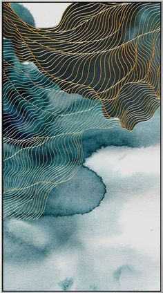 an abstract painting with blue and gold lines in the sky above clouds, watercolor on paper