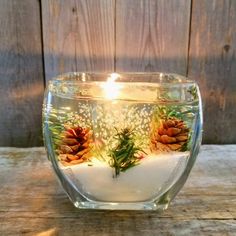 a glass vase filled with water and pine cones