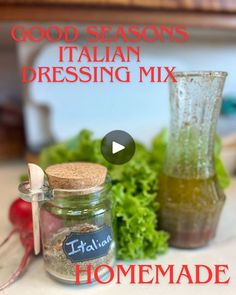 the video shows how to make italian dressing mix in a glass jar with a cork stopper