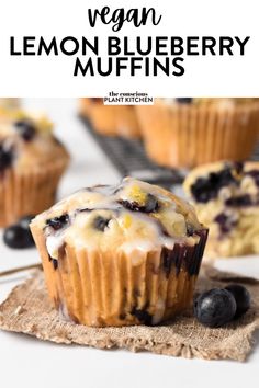 blueberry muffins on a napkin with the title text vegan lemon blueberry muffins