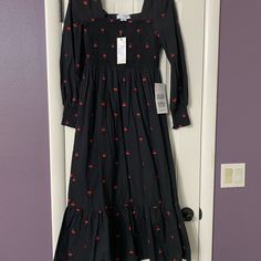 Brand New Never Worn Black Cherry Dream Smocked Midi Dress From Never Fully Dressed. Length From Shoulder Is 59”. Black Midi Dress With Smocked Back And Square Neck, Casual Fitted Smocked Midi Dress, Fitted Red Smocked Dress Casual Style, Fitted Red Smocked Casual Dress, Casual Red Fitted Smocked Dress, Casual Fitted Red Smocked Dress, Casual Long Sleeve Fitted Smocked Dress, Casual Fitted Long Sleeve Smocked Dress, Red Midi-length Smocked Dress