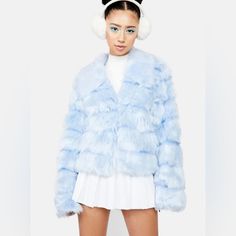 Powder Spun Sugar Faux Fur Jacket New With Tags Fluffy Faux Fur Outerwear For Spring, Fluffy Fur Coat For Cold Weather In Spring, Fluffy Fur Coat For Cold Weather, Blue Long Sleeve Fur Coat For Spring, Spring Blue Long Sleeve Fur Coat, Blue Outerwear With Faux Fur Trim And Long Sleeves, Blue Long Sleeve Outerwear With Faux Fur Trim, Blue Trendy Outerwear With Faux Fur Trim, Trendy Blue Outerwear With Faux Fur Trim