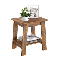 a small wooden table with a potted plant on top and magazines under the shelf