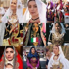 many different pictures of women dressed in traditional costumes and headgear, some wearing veils