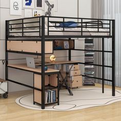 a loft bed with desk underneath it in a room that has hardwood floors and white walls