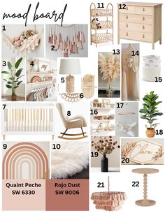 the mood board is filled with pink and white furniture, accessories, and decor items