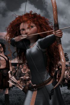 a woman with red hair holding a bow and arrow in front of an image of people