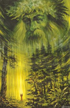 a painting of a man standing in the middle of a forest