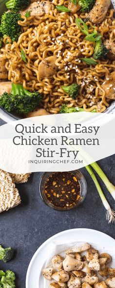 chicken ramen stir - fry with broccoli and sesame seeds on the side