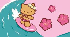 hello kitty surfing in the ocean with pink flowers