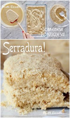 there is a piece of cake that has been cut in half and the words serradura on it