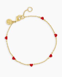 Embrace your romantic side with the Amour Bracelet. This dainty bracelet features charming red enamel hearts, making it a sweet addition to your everyday stack. Pair this heart bracelet with the 14k Gold Parker Heart Bracelet for an extra heartfelt stack. Amour Bracelet Red in 18k Gold/Red Enamel, Women's by gorjana Red Bracelets With Heart Charm For Anniversary, Red Dainty Heart Charm Bracelet, Earrings Stacking, Dainty Bracelet, 14k Gold Necklace, Mix Style, Gold Necklaces, Dainty Bracelets, Small Heart