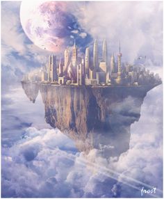 an image of a surreal city floating in the air with clouds and planets around it