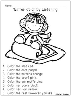 winter color by listening worksheet with a girl on a sled in the snow