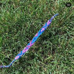 a purple and blue braided rope laying in the grass