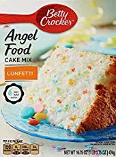 betty crocker angel food cake mix with white frosting and multicolored candies