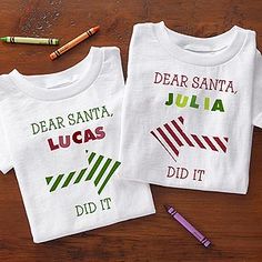 Oh. My. Goodness! These are ADORABLE! "Dear Santa, ______ did it!" ... personalize one for each of the siblings! This would be the perfect outfit for a cute Family Christmas Card Photo ... or with pj pants, it would be the perfect pair of pjs for Christmas Eve and Christmas morning ... the pictures would be so cute! Family Christmas Card Photos, Camo Baby, Christmas Cards Kids, Burp Rags, Personalized Baby Clothes, Family Christmas Cards, Funny Christmas Cards, Baby Ideas, Dear Santa