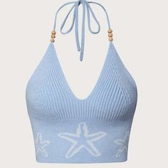 Cute, Sexy Light Blue W/ White Starfish Print Knit Backless Halter Top, New Without Tags, Size 12/14, Polyester Aztec Shorts, Light Blue Knit, Backless Halter Top, Blue Green Gold, Grey Long Sleeve Shirt, Black Sleeveless Top, Womens Sleeveless Tops, Striped Turtleneck, Layered Tops