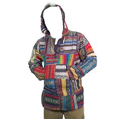 Handsewn patchwork gheri cotton hoodie made in Nepal. Gheri is the traditional Nepalese method of handloom weaving high strength cotton threads to create clothing that is made to withstand the extreme conditions of the Himalayas. Perfect for festivals or camping. As these patches are handsewn, the patch locations vary which allows each piece to be unique. Features:  *Equipped with a hood (with draw strings) and a front kangaroo pocket Size:  *As these are handmade these dimensions may vary sligh Hoodie Patchwork, Handloom Weaving, Mens Pullover, Pullover Sweater Men, Mens Hoodie, Bohemian Hippie, Create Outfits, Unique Features, Warm Jacket