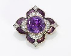 Marcus & Co. Flower Brooch. Antique brooch set with a cushion-cut amethyst, and old European-cut diamond and purple enamel foliate, mounted in 18k gold, circa 1900.Signed Marcus & Co. 18K.Approximate Measurements: Length: 1.1" Width: 1.3" Luxury Oval Gemstone Brooches, Luxury Vintage Purple Brooches, Luxury Purple Brooches For Formal Occasion, Purple Amethyst Gemstone Brooches, Antique Amethyst Ring, African Inspired Jewelry, Diamonds Jewelry, Pinterest Ideas, Purple Sapphire