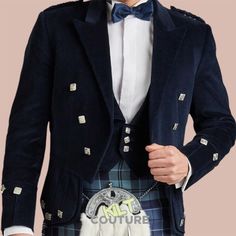 Scottish Men's Regulation Doublet Kilt Jacket - Highland Wedding Kilt Jacket - Navy Blue Doublet Kilt Jacket Product Information: Size: Made to Order (Custom) Vest Back: Satin with Adjusting Belt Lapels of Vest: Satin Buttons of Vest: 3 Buttons Buttons on Jacket: Lion Rampant  Epaulets: Braided With 1 Button  Lining of Fabric: Satin Type: Highland/Scottish  Fabric: Serge Wool Style: Doublet This is a Scottish Navy Blue Regulation Doublet Kilt Jacket & Vest Designed for Men's Wedding Dress. This Kilt Jacket Is Traditional in Style & Made Of Wool. Wedding Kilt, Kilt Wedding, Kilt Jackets, Scottish Man, Highland Wedding, Wedding Dress Men, Vest Designs, Jacket Vest