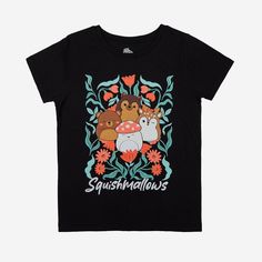 Add a splash of whimsy to your kid's wardrobe with this Squishmallows Squad Short-Sleeve Graphic T-Shirt. The pullover tee features a classic crew neckline, regular fit and short sleeves. Made from lightweight cotton, the black tee offers your child all-day breathable comfort. Plus, the front vibrant graphic of four Squishmallows characters with floral detailing and the "Squishmallows" label add a touch of playful flair to complete the look. Squishmallows Characters, Superhero Graphic, Beetlejuice Halloween, Hello Kitty Halloween, Kids Wardrobe, Kids Outfits Girls, Black Xs, Disney Girls, Toddler Girl Outfits