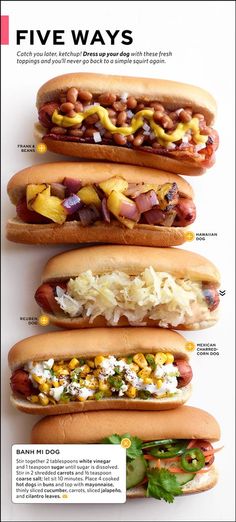 five hot dogs with different toppings on them are lined up in a horizontal line