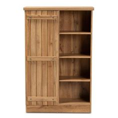 a wooden bookcase with doors and shelves