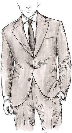 a black and white drawing of a man in a suit with his hands in his pockets