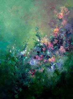 an abstract painting with flowers in the foreground and green, blue, pink and white colors