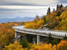 a road going over a bridge surrounded by trees with fall foliage on the sides and mountains in the background