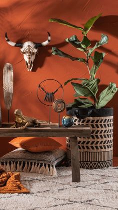 a table with some plants on it in front of a wall mounted animal head and other decorative items