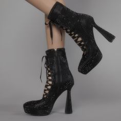 Handcrafted US sizing. Fits true to size. Heel Height: 4.72" / 120 mm approx Product measurements were taken using size 8. Please note that measurements may vary by size. Tea Outfit, Dreamy Style, Pencil Heels, Women's Booties, Womens Black Booties, Spot Lights, Rhinestone Decor, Platform Ankle Boots, Heels Black