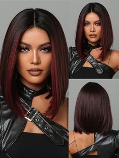 Multicolor  Collar  Synthetic Fiber  No Bangs Wig Embellished   Wigs & Accs Wine Red Hair Color, Rock And Roll Hair, Burgundy Balayage, Roll Hair, No Bangs, Professional Hair Color, Bangs Wig, Bob Lace Front Wigs, Pretty Hair Color