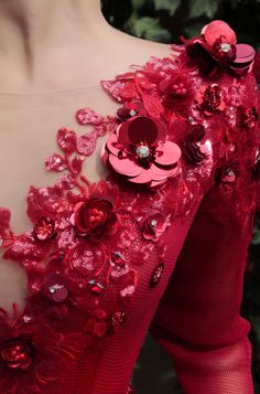 Details  - Lava color - Mesh-net fabric  - Handmade embroidered flowers and crystals  - Ball-gown style - Party dress Evening dress Dress With Detachable Train, Flowers And Crystals, Detachable Train, Couture Embroidery, Red Prom, Net Fabric, Satin Prom Dress, Vestidos Vintage, Prom Dresses With Sleeves