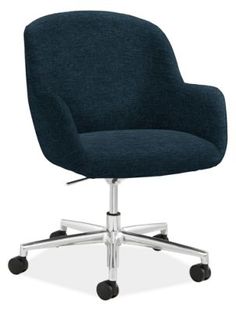 a blue office chair with wheels and casteors on an isolated white background, front view