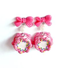 Bow and Pearl Hot Pink Birthday Cake Earrings – Fatally Feminine Designs Sweet Multicolor Party Jewelry, Trendy Pink Jewelry For Birthday, Pink Novelty Earrings For Party, Cute Party Earrings For Mother's Day, Playful Pink Party Jewelry, Playful Pink Jewelry For Party, Cute Earrings For Mother's Day Party, Whimsical Pink Earrings For Gift, Pink Jewelry With Matching Earrings For Birthday