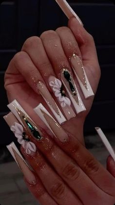 Green Acrylic Nails With 3d Flowers, Long Nails With 3d Flowers, Nails Design 3d Flowers, Long Square Acrylic Nails 3d Flowers, Black French Tip Nails With 3d Flowers, Quince Nails Green And Gold, Graduation Acrylic Nails Design, Green Graduation Nails, Gem Designs On Nails