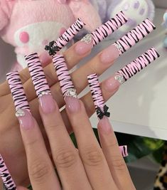 Xxl Acrylic Nails, Long Duck Nails, Xxl Nails, Zebra Print Nails, Pink Zebra Print, Junk Nails