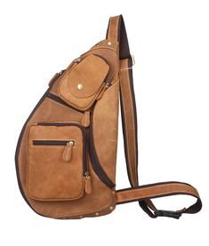 Genuine Cowhide Leather Cross Body Sling Bag Functional Bag With Adjustable Strap For Outdoor, Functional Bag With Adjustable Strap For Outdoor Activities, Practical Crossbody Chest Bag For Travel, Practical Brown Outdoor Bag, Outdoor Chest Backpack With Pockets, Portable Shoulder Bag Backpack For Outdoor, Portable Backpack Shoulder Bag For Outdoor Activities, Outdoor Activities Chest Bag With Pockets, Brown Saddle Bag With Adjustable Strap For Outdoor