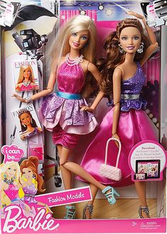 two barbie dolls dressed in pink and purple outfits, one is holding a handbag