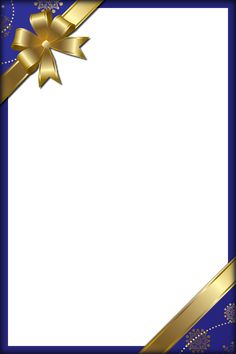 a blue and gold frame with a golden bow on the top, surrounded by confetti